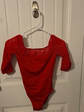 Red Off-Shoulder Lace Sleeve Dance Bodysuit
